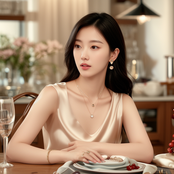 生活瞬间，美女，韩系美女，丝绸，美妆广告，家庭餐桌，4K超清，写实风格，温馨，柔和室内光，细腻皮肤，项链，耳环，手链。